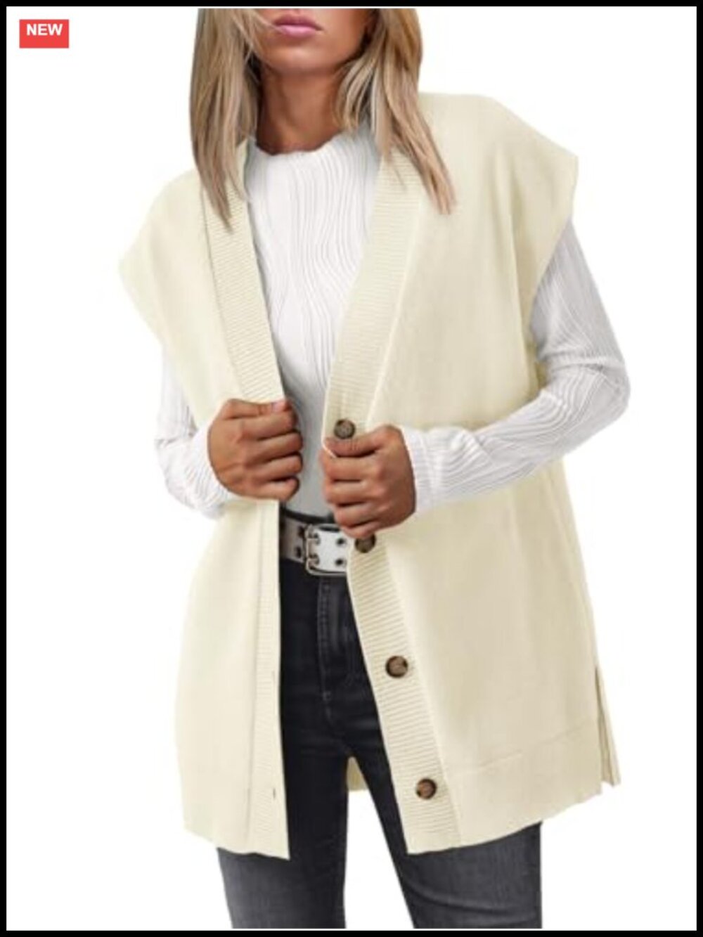 LILLUSORY Womens Sweater Vest Oversized V Neck Button Up Ribbed Knit Cap Sleeve